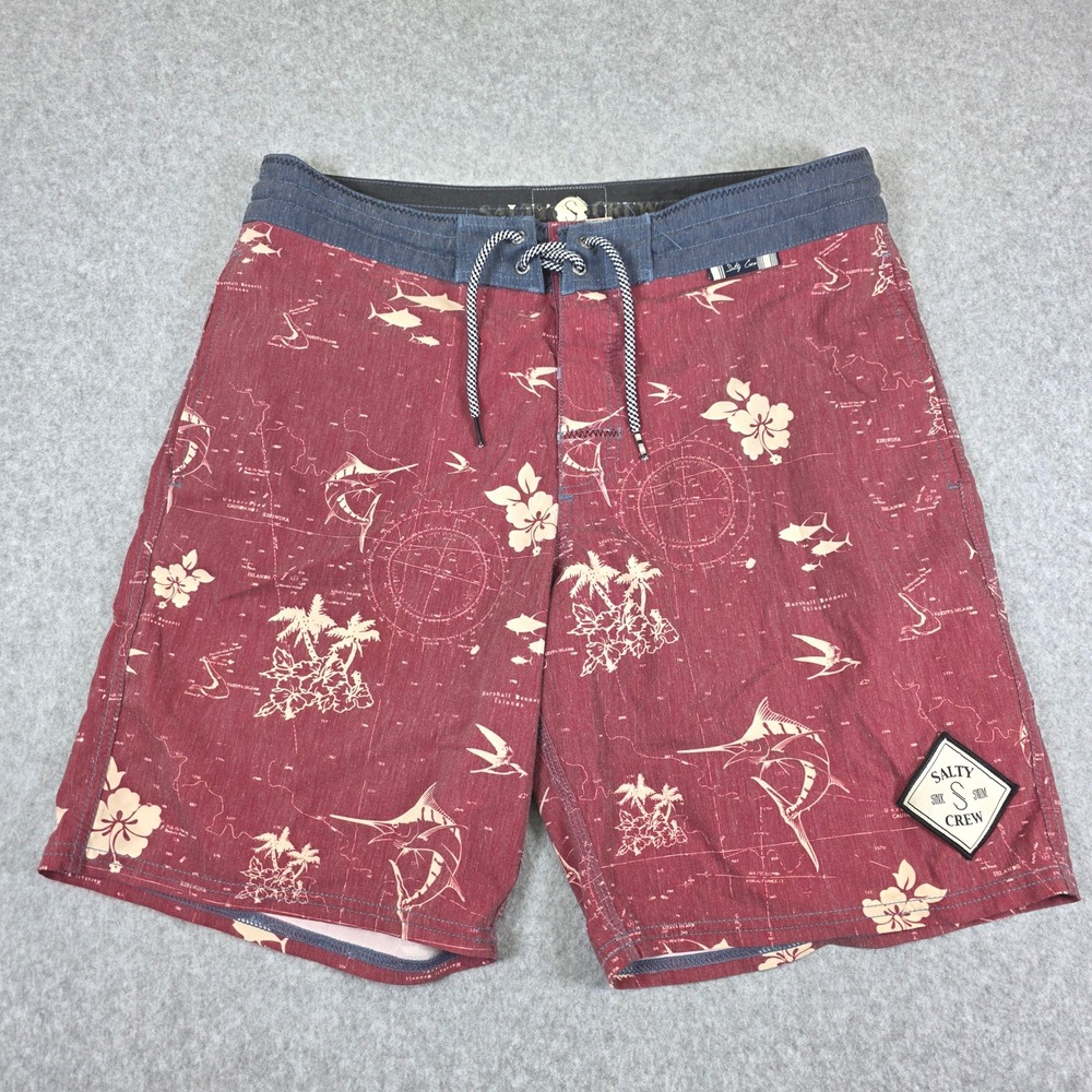 Salty Crew Seaboard Deck Shorts Men's‎ Size 32 Swim Trunks Maroon Floral Map